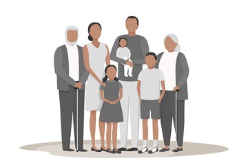 Grandparents, parents and children. United family. Vector illustration.