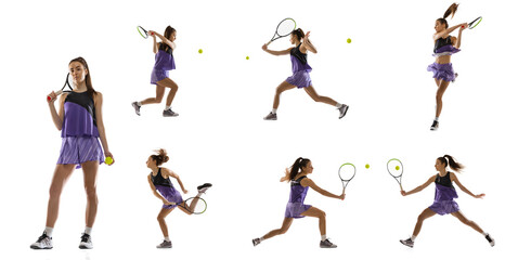 Collage with young woman, tennis player playing tennis isolated on white background. Healthy...