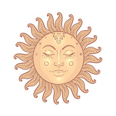 Golden Sun. Vector illustration in vintage engraving style isolated on white.