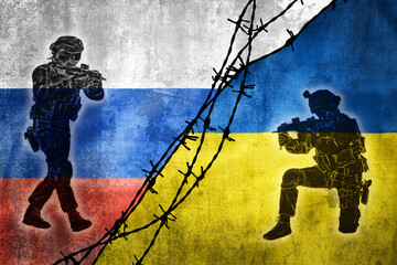 Grunge flags of Russian Federation and Ukraine divided by barb wire with soliders pointing weapon at each other illustration