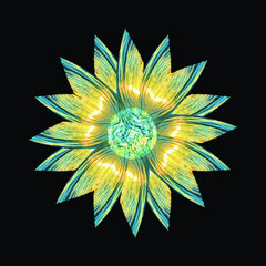 Flower pattern golden blue on black background. Vector graphics for exclusive design.