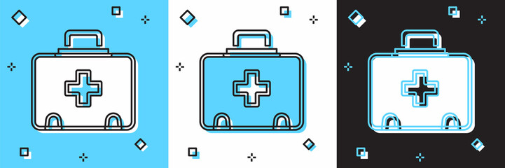 Obraz premium Set First aid kit icon isolated on blue and white, black background. Medical box with cross. Medical equipment for emergency. Healthcare concept. Vector