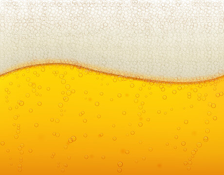 Lager, realistic background golden craft beer with foam and bubbles.