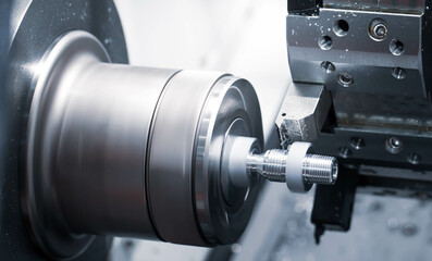 Thread cutting on CNC lathe machine in workshop. Industrial metalwork manufacturing. - obrazy, fototapety, plakaty