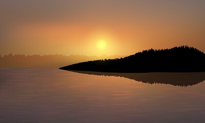Fototapeta premium Beautiful golden sunset over the ocean with silhouette of the hill and reflections on the water surface.