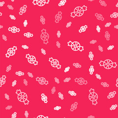 White line Candy icon isolated seamless pattern on red background. Merry Christmas and Happy New Year. Vector