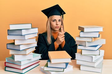 Young caucasian woman wearing graduation ceremony robe sitting on the table holding symbolic gun with hand gesture, playing killing shooting weapons, angry face