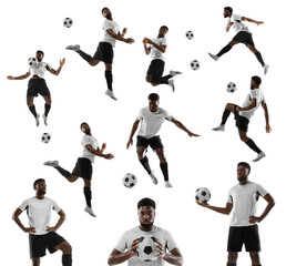 Collage made of shots of one african professional football soccer player with ball in motion, action isolated on white studio background.