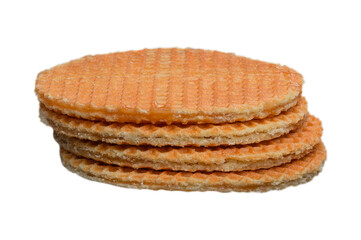 Four round waffles on a white background