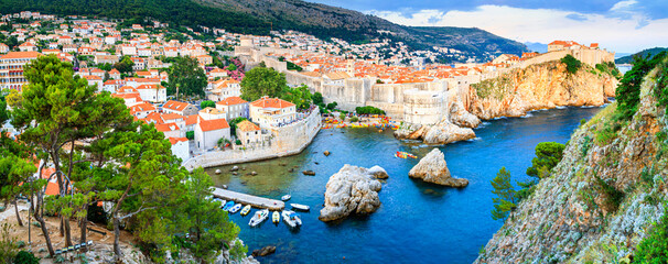 Evening view of the Old Town of Dubrovnik from the side of Fort Lovrijenac, panorama, banner, on the Adriatic coast of Croatia