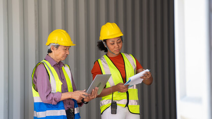 Woman  inspector or Safety Supervisor and Old delivery man in Container cargo CustomTerminal port concept import export transportation and logistic service
