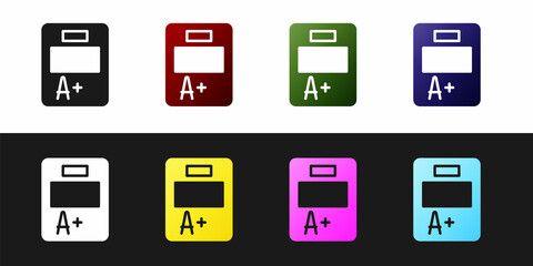 Set Exam sheet with A plus grade icon isolated on black and white background. Test paper, exam, or survey concept. School test or exam. Vector