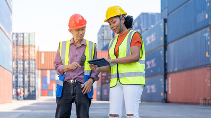 Woman  inspector or Safety Supervisor and Old delivery man in Container cargo CustomTerminal port concept import export transportation and logistic service