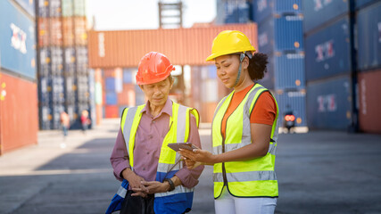 Woman  inspector or Safety Supervisor and Old delivery man in Container cargo CustomTerminal port concept import export transportation and logistic service