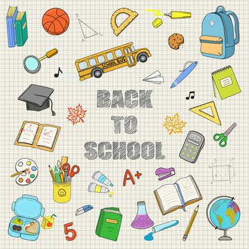 Back to school banner with school subjects and supplies on on a sheet of paper in the background. Vector illustration