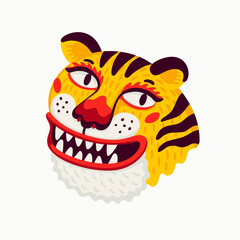 Tiger vector head, cartoon tiger funny face on white background.