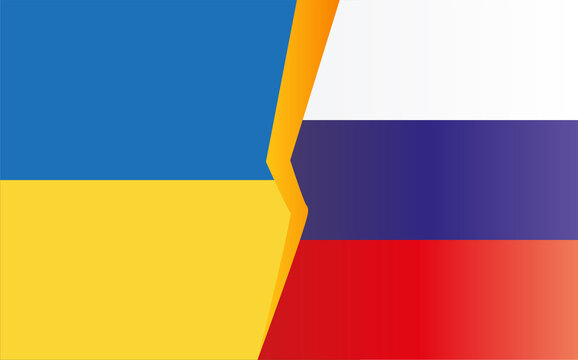 Bandera de Ucrania enfrentada a la bandera de Rusia. 