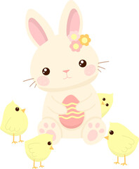 Obraz na płótnie Canvas Cartoon easter bunny with easter egg and little chicks. Vector illustration