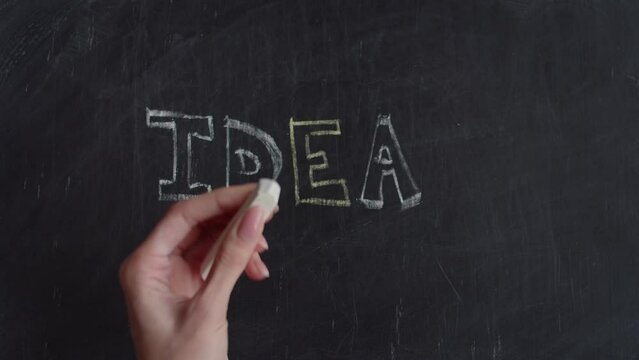 Hand writes in chalk the word idea on a blackboard. the word new appears. stop motion timelapse concept of motivation and development corporate.