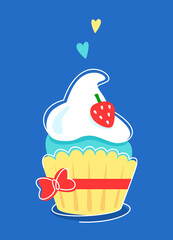 Cake with strawberries and white cream, tied with a red ribbon and a bow. Cute vector illustration isolated on blue background.