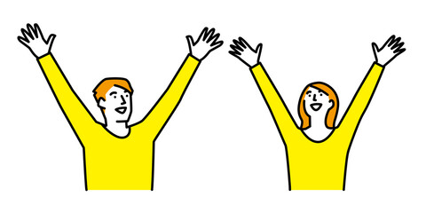 両手をあげて喜ぶ男性と女性
