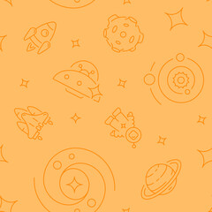 Interplanetary space abstract seamless pattern. Vector shapes on orange background. Trendy texture with cartoon color icons. Design with graphic elements for interior, fabric, website decoration