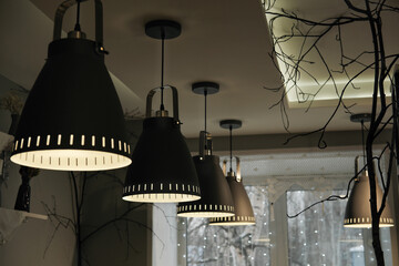 ceiling light lamps in evening cafe, night moody aesthetic, pendant lights, nordic style, simple...