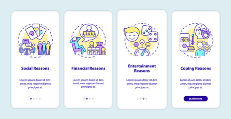 Reasons to gamble onboarding mobile app screen. Compulsive psychology walkthrough 4 steps graphic instructions pages with linear concepts. UI, UX, GUI template. Myriad Pro-Bold, Regular fonts used