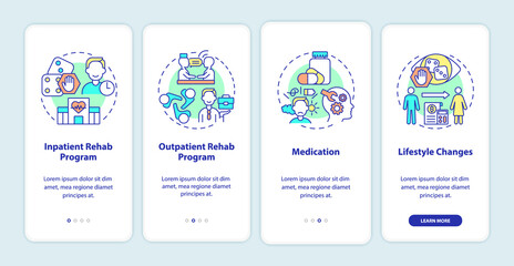 Gambling addiction treatment onboarding mobile app screen. Rehab walkthrough 4 steps graphic instructions pages with linear concepts. UI, UX, GUI template. Myriad Pro-Bold, Regular fonts used