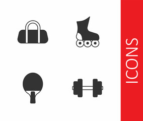 Set Dumbbell, Sport bag, Racket and Roller skate icon. Vector