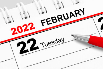 Calendar 2022  February 22 and red pen