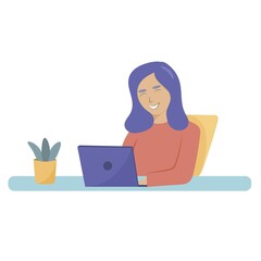 girl sits at the computer. flower on the table. illustration on the topic of online learning, remote work, distance education