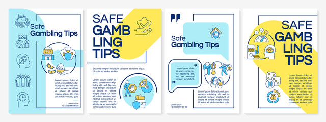 Fototapeta na wymiar Safe gambling tips blue and yellow brochure template. Booklet print design with linear icons. Vector layouts for presentation, annual reports, ads. Questrial-Regular, Lato-Regular fonts used