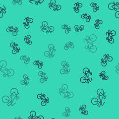 Black line Bicycle icon isolated seamless pattern on green background. Bike race. Extreme sport. Sport equipment. Vector