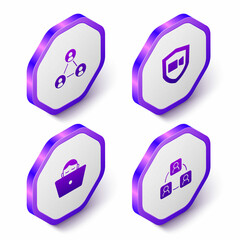 Set Isometric Meeting, Video chat conference, Freelancer and icon. Purple hexagon button. Vector