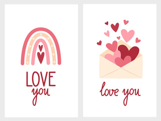 Set of 2 cute gift romantic postcards with rainbow and love letter of Valentine's Day card, invitation, poster in gentle colors