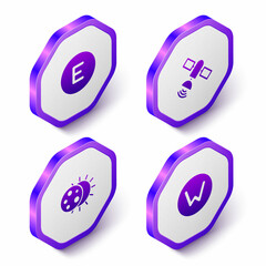 Set Isometric Compass west, Satellite, Eclipse of the sun and north icon. Purple hexagon button. Vector