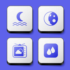 Set Night fog or smoke, Moon phases, Weather forecast and Water drop icon. White square button. Vector