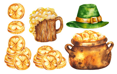 A set for St. Patrick's Day with a clover for good luck, a green dwarf hat, gold coins, a mug of beer, by hand drawn in watercolor. Isolated white background