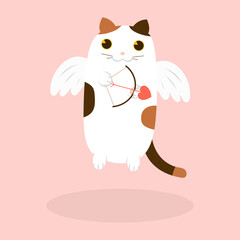 Cartoon cupid cat with bow and arrow. Valentine's day card. Vector illustration.