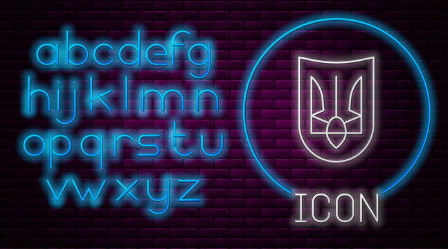Glowing neon line National emblem of Ukraine icon isolated on brick wall background. Ukrainian trident. Neon light alphabet. Vector