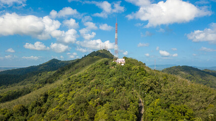 Aerial view of communication tower on the mountain