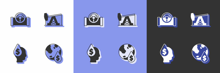 Set Oil drop with dollar symbol, pipe valve, and pump or pump jack icon. Vector