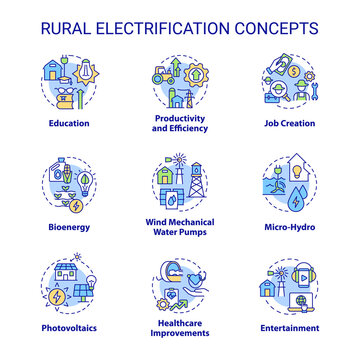 Rural electrification concept icons set. Access to electricity and lighting idea thin line color illustrations. Isolated outline drawings. Editable stroke. Roboto-Medium, Myriad Pro-Bold fonts used