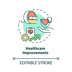 Healthcare improvements concept icon. Rural electrification economic benefits abstract idea thin line illustration. Isolated outline drawing. Editable stroke. Roboto-Medium, Myriad Pro-Bold fonts used