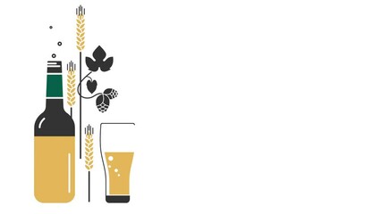Animation with a beer bottle, glass, hop, and wheat. Web banner for craft beer brewery, bar, pub with empty space for text