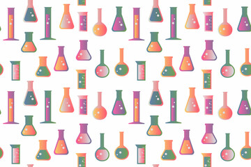 Chemical LABORATORY GLASSWARE pattern. Flasks, test tubes equipment. Abstract colourful happy VECTOR illustration. Science, chemistry lesson, lab test pattern on transparent background. 