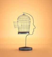 Bird cage opened shaped as a human head.