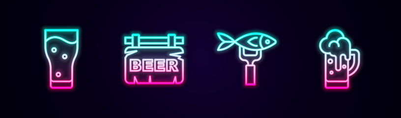 Set line Glass of beer, Street signboard with Beer, Dried fish and . Glowing neon icon. Vector
