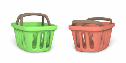 3d empty green and red shopping baskets. Shopping concept. Vector illustration